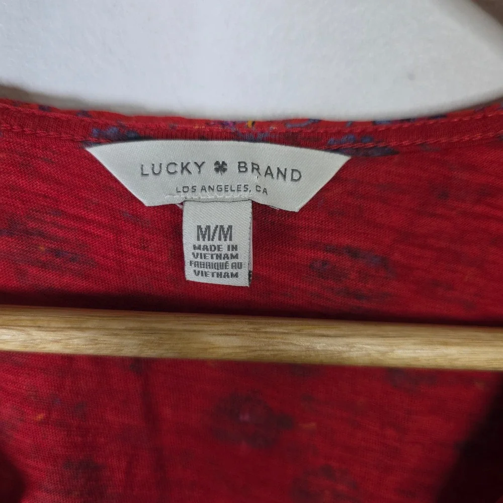 Lucky Brand Womens Red Floral Ruffle Cap Sleeve Boho V-Neck Top Medium - Picture 4 of 5